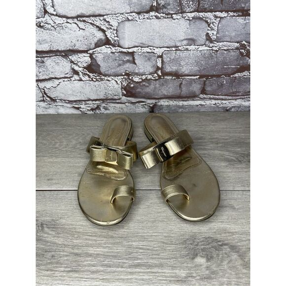 Salvatore Ferragamo Gold Leather Bow Slides Flat Sandals Women’s Sz 5.5M US/36EU - Picture 9 of 16